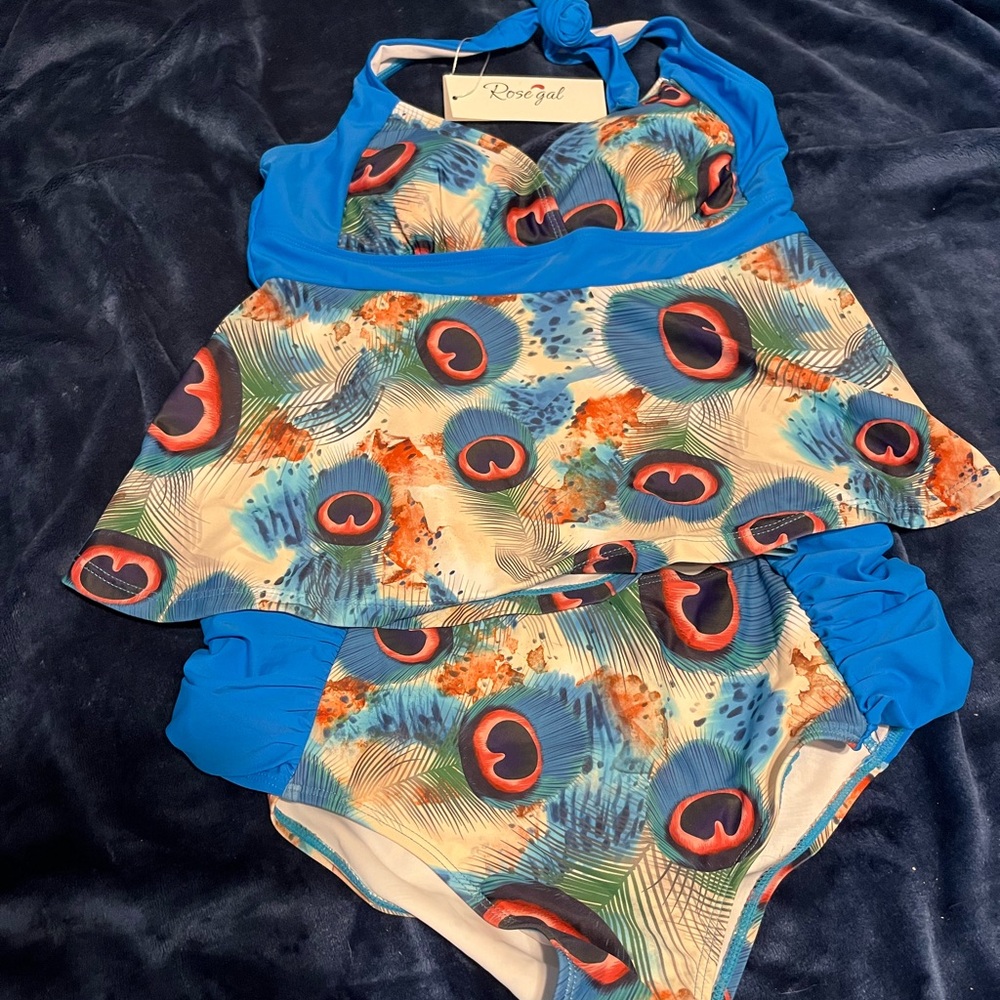 Rosegal Blue Peacock Print Bikini Swimwear